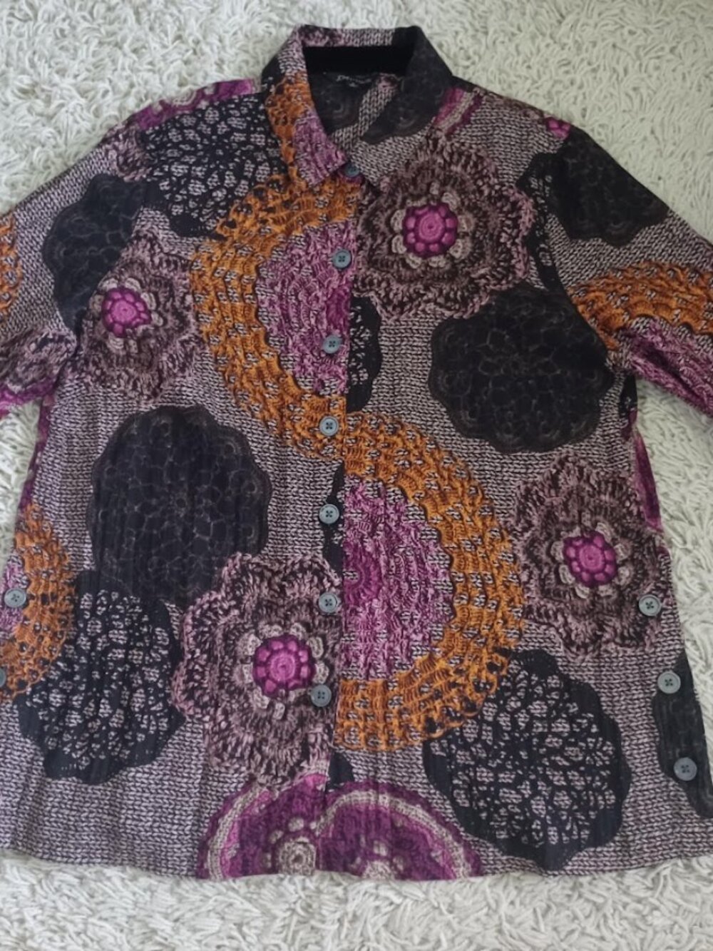 John Mark Womens L Tunic Blouse Art To Wear Boho Floral Print Button Up Rayon